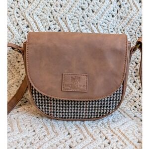 British Bag Company Brown Faux Leather Houndstooth Tweed Crossbody Saddle Bag